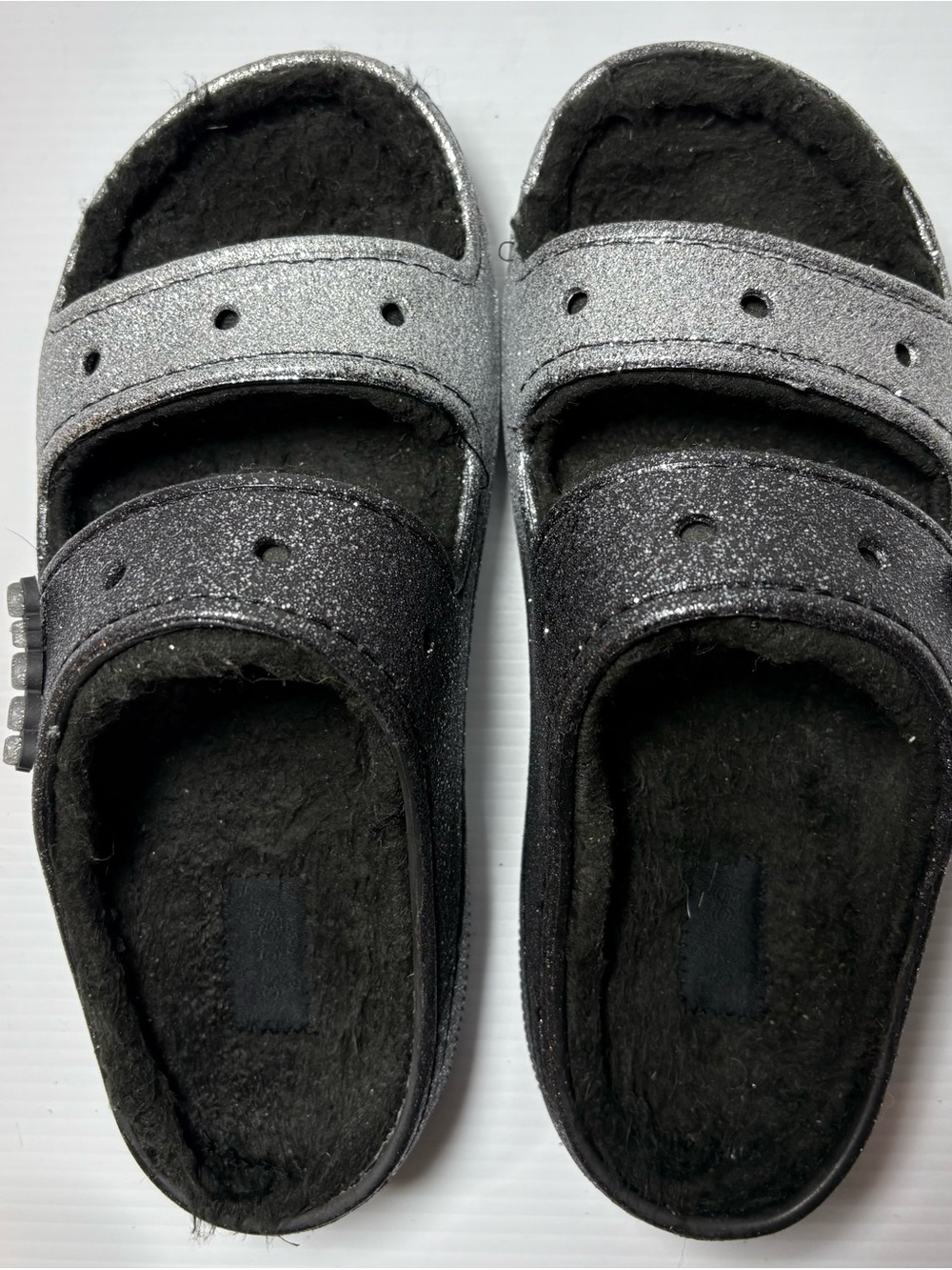 CROCS Glitter Slide Sandals in Silver and Black